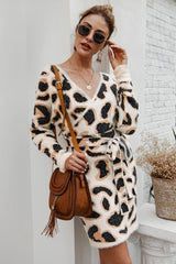 Leopard Long-sleeved Belt Short Dress