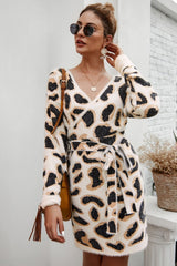 Leopard Long-sleeved Belt Short Dress